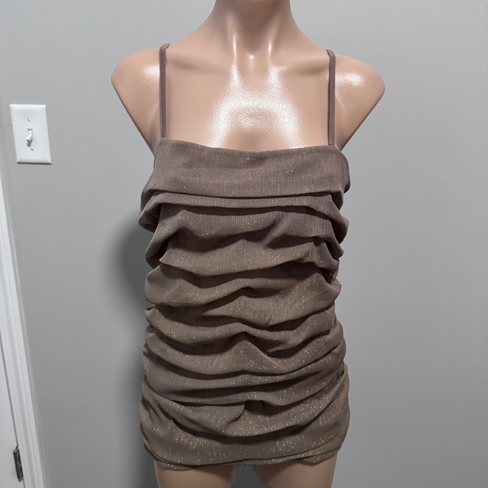 Express Brown Accordion Shimmer Glitter Tank Top Medium Ruffle Tinsel